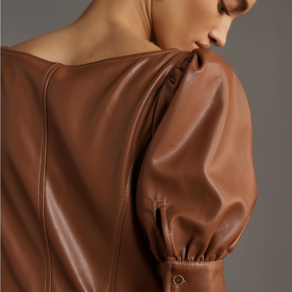 Anthropologie Faux-Leather Puff-Sleeve Zip-Front Midi Dress In Brown NWT - Picture 3 of 4